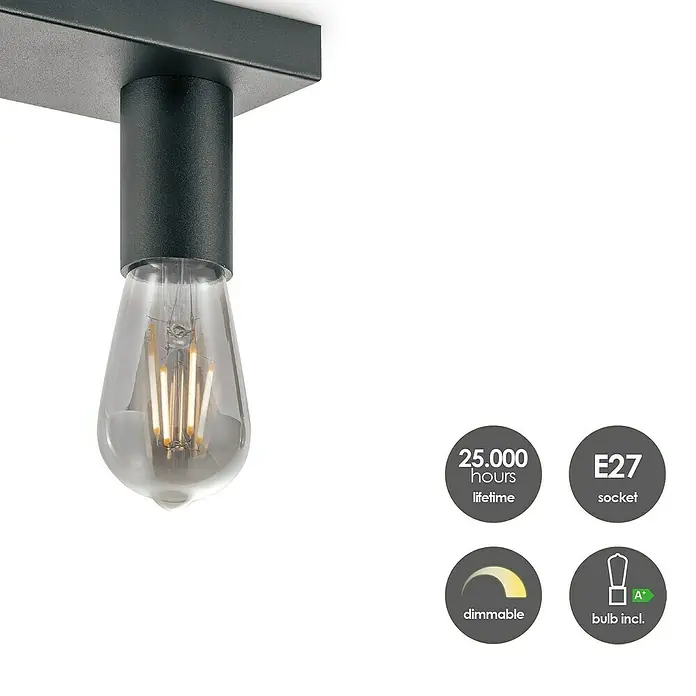Home Sweet Home LED-Deckenleuchte Nitro - 4 W, L x B x H: 30 x 9,5 x 10,5 cm, Schwarz, Warmweiß, 2 Stk. - Nahaufnahme einer Deckenleuchte mit einer klaren Edison-Glühbirne, die ein warmes Licht ausstrahlt. Elegantes Design mit langer Lebensdauer.