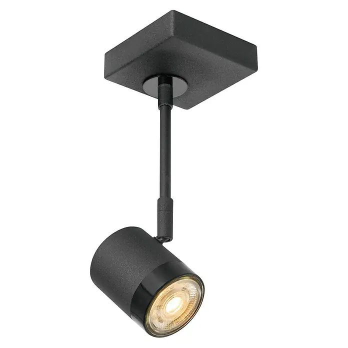 Home Sweet Home LED-Wandstrahler Manu - 5,8 W, L x B x H: 9,5 x 9,5 x 25 cm, Sandschwarz, Warmweiß, 1 Stk. - Nahaufnahme einer modernen, schwarzen Deckenleuchte mit verstellbarem Strahler, die ein warmes, gerichtetes Licht spendet.