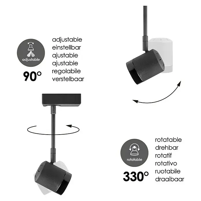 Home Sweet Home LED-Wandstrahler Manu - 5,8 W, L x B x H: 9,5 x 9,5 x 25 cm, Sandschwarz, Warmweiß, 1 Stk. - Das Bild zeigt eine verstellbare, drehbare Deckenleuchte, die um 90° einstellbar und um 330° drehbar ist.