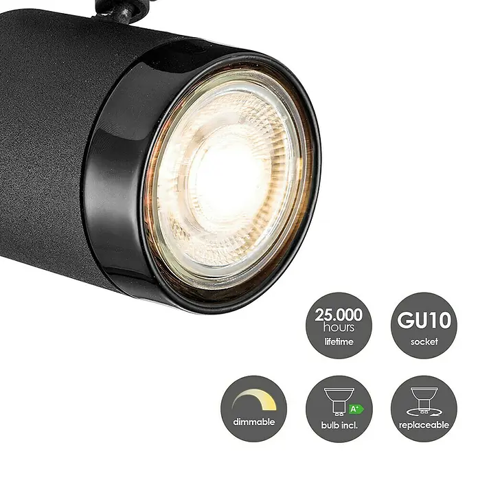 Home Sweet Home LED-Wandstrahler Manu - 5,8 W, L x B x H: 9,5 x 9,5 x 25 cm, Sandschwarz, Warmweiß, 1 Stk. - Nahaufnahme eines schwarzen Strahlers mit einer GU10-Fassung, der für 25.000 Stunden Lebensdauer ausgelegt ist und dimmbar sowie austauschbar ist.