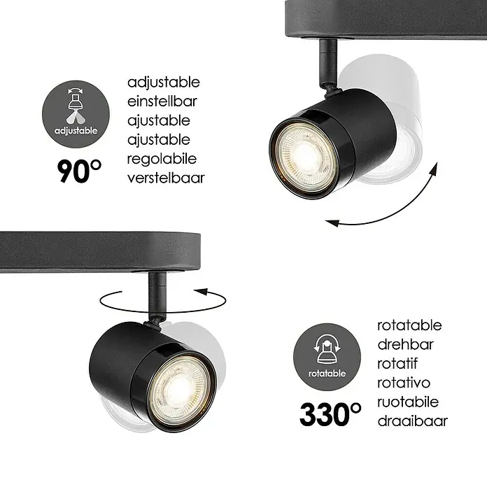 Home Sweet Home LED-Wandstrahler Manu - 5,8 W, L x B x H: 9,5 x 39 x 15 cm, Sandschwarz, Warmweiß, 3 Stk. - Das Bild zeigt einen verstellbaren und drehbaren LED-Strahler in Schwarz, der sich ideal für die gezielte Beleuchtung eignet.