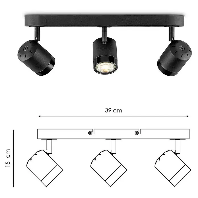 Home Sweet Home LED-Wandstrahler Manu - 5,8 W, L x B x H: 9,5 x 39 x 15 cm, Sandschwarz, Warmweiß, 3 Stk. - Schwarze 3-flammige LED-Deckenleuchte mit verstellbaren Spots und technischen Zeichnungen zur Veranschaulichung der Abmessungen.