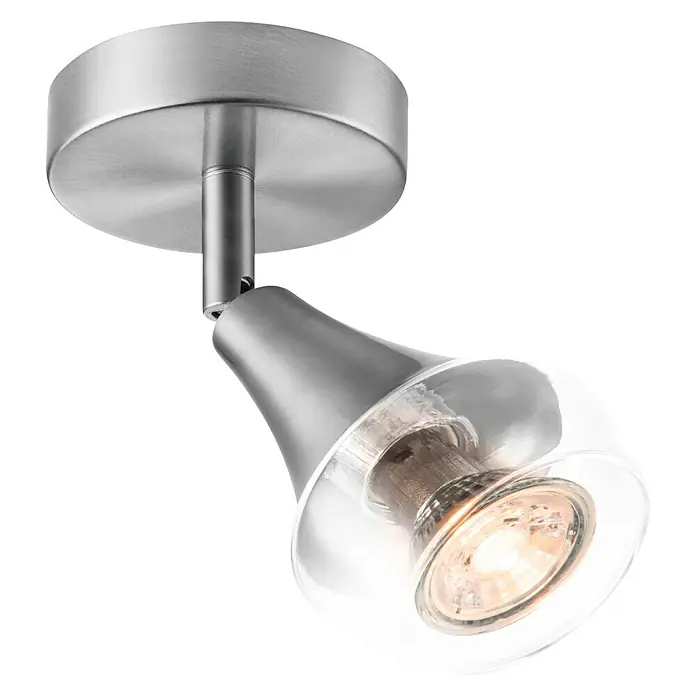 Home Sweet Home LED-Deckenstrahler rund Vaya - 5 W, Ø x H: 9,5 x 16,5 cm, Silber, Warmweiß - Nahaufnahme einer modernen Deckenleuchte aus gebürstetem Stahl mit klarem Glasschirm und warmem Licht.