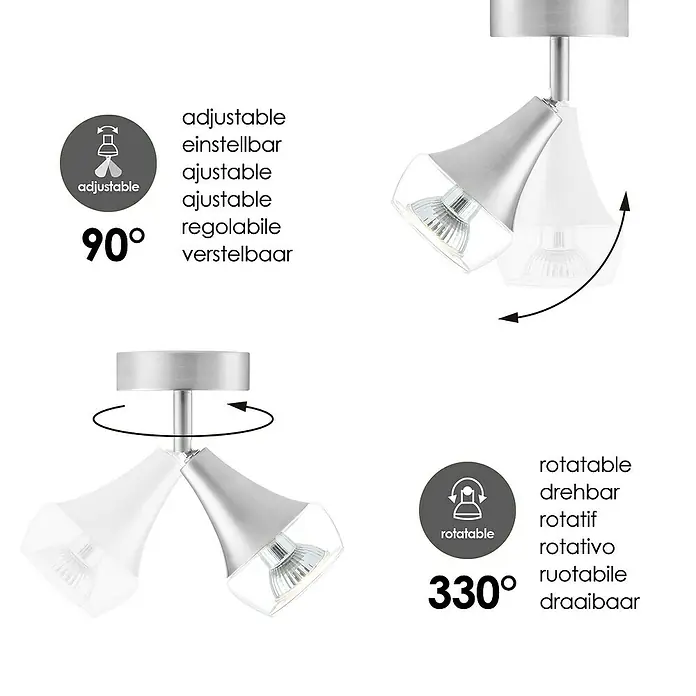 Home Sweet Home LED-Deckenstrahler rund Vaya - 5 W, Ø x H: 9,5 x 16,5 cm, Silber, Warmweiß - Das Bild zeigt eine verstellbare und drehbare Leuchte, die sich ideal zur individuellen Ausrichtung des Lichts eignet.