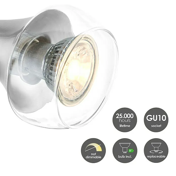 Home Sweet Home LED-Deckenstrahler rund Vaya - 5 W, Ø x H: 9,5 x 16,5 cm, Silber, Warmweiß - Nahaufnahme einer GU10-Lampe mit 25.000 Stunden Lebensdauer, nicht dimmbar und inklusive Leuchtmittel.