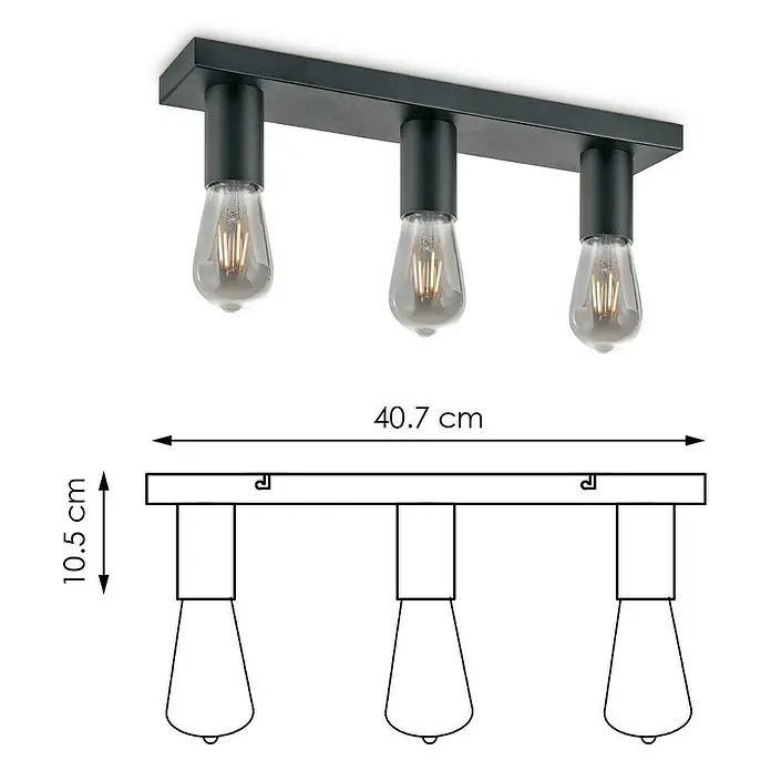 Home Sweet Home LED-Deckenleuchte Nitro - 4 W, L x B x H: 40,7 x 9,5 x 10,5 cm, Schwarz, Warmweiß, 3 Stk. - Deckenleuchte mit drei Vintage-Glühbirnen, schwarze Metallhalterung, modernes Design für Wohn- und Esszimmer mit 40,7 cm Länge und 10,5 cm Höhe.