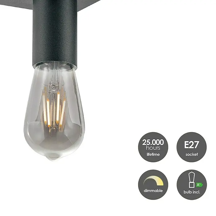 Home Sweet Home LED-Deckenleuchte Nitro - 4 W, L x B x H: 40,7 x 9,5 x 10,5 cm, Schwarz, Warmweiß, 3 Stk. - Nahaufnahme einer LED-Lampe mit E27-Sockel, dimmbar und inklusive Leuchtmittel, mit einer Lebensdauer von 25.000 Stunden.