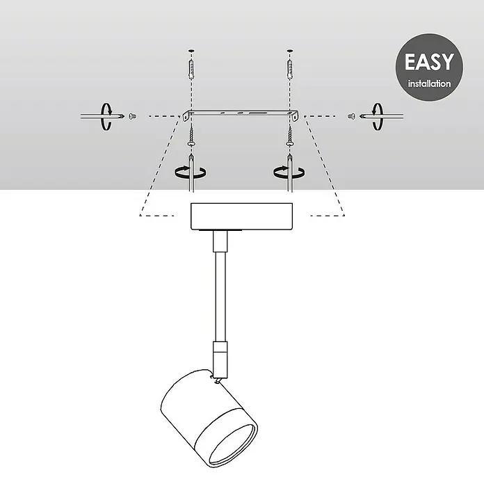 Home Sweet Home LED-Wandstrahler Manu - 5,8 W, L x B x H: 9,5 x 9,5 x 25 cm, Sandweiß, Warmweiß, 1 Stk. - Eine Darstellung der Installation einer zylinderförmigen Deckenleuchte, mit der Aufschrift "EASY installation".