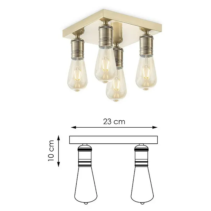 Home Sweet Home LED-Deckenleuchte Nitro - 4 W, L x B x H: 23 x 23 x 10,5 cm, Bronze, Warmweiß, 4 Stk. - Moderne Deckenleuchte mit quadratischer Basis und vier Edison-Glühbirnen für stimmungsvolle Beleuchtung. Inklusive Maßangaben.