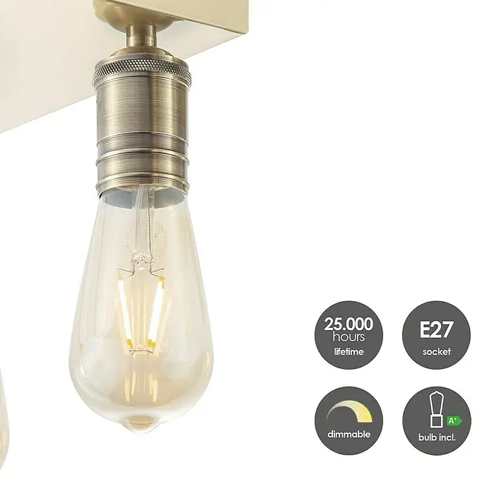Home Sweet Home LED-Deckenleuchte Nitro - 4 W, L x B x H: 23 x 23 x 10,5 cm, Bronze, Warmweiß, 4 Stk. - Nahaufnahme einer Glühbirne mit Hinweisen zu Lebensdauer, Dimmbarkeit und Fassungstyp.