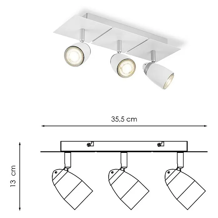Home Sweet Home LED-Deckenstrahler Gina - 5,8 W, Sandweiß, Warmweiß, Anzahl Leuchtmittel: 3 Stk. - Produktbild: Weiße Deckenleuchte mit drei Strahlern, Maße sind in der Skizze angegeben.
