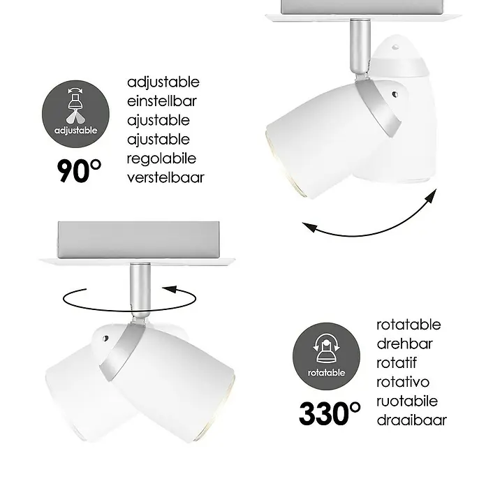 Home Sweet Home LED-Deckenstrahler Gina - 5,8 W, Sandweiß, Warmweiß, Anzahl Leuchtmittel: 1 Stk. - Darstellung einer verstellbaren und drehbaren weißen Deckenleuchte mit Hinweisen zur Flexibilität bei der Ausrichtung des Lichts.