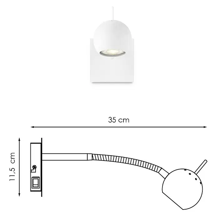 Home Sweet Home LED-Wandstrahler Bollo Flex - 5,8 W, L x B x H: 14 x 14 x 11,5 cm, Sandweiß, Warmweiß - Abbildung einer weißen Wandleuchte mit verstellbarem Arm und den Abmessungen für Installationszwecke.