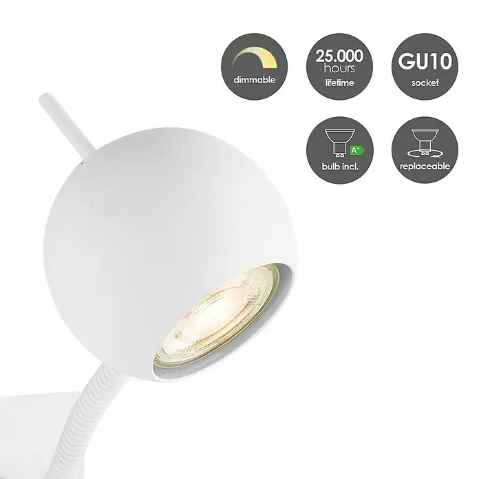 Home Sweet Home LED-Wandstrahler Bollo Flex - 5,8 W, L x B x H: 14 x 14 x 11,5 cm, Sandweiß, Warmweiß - Nahaufnahme einer weißen Schreibtischlampe mit LED-Leuchtmittel und verschiedenen Produktmerkmalen Symbolen.