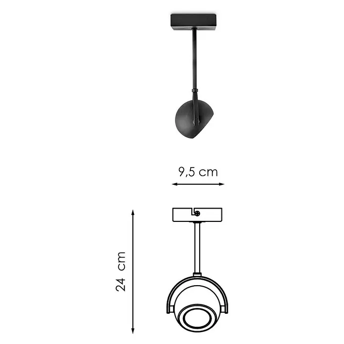 Home Sweet Home LED-Deckenstrahler Nop - 5,8 W, L x B x H: 9,5 x 9,5 x 24 cm, Sandschwarz, Warmweiß, 1 Stk. - Abbildung einer schwarzen Lampe mit Maßen, die die Produktabmessungen verdeutlichen, um das Produkt zu beschreiben.