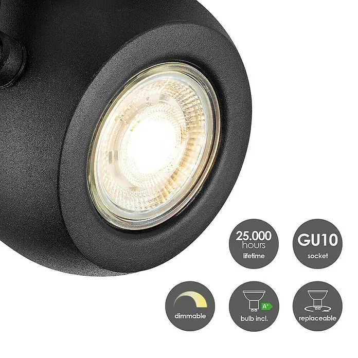 Home Sweet Home LED-Deckenstrahler Nop - 5,8 W, L x B x H: 9,5 x 9,5 x 24 cm, Sandschwarz, Warmweiß, 1 Stk. - Nahaufnahme einer schwarzen Spotleuchte mit LED, inklusive GU10-Sockel, dimmbar und auswechselbar, mit 25.000 Stunden Lebensdauer.