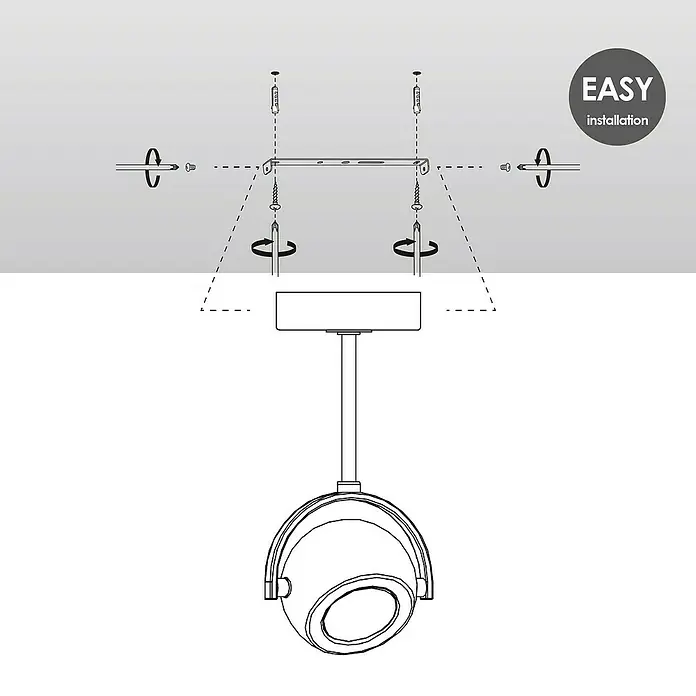 Home Sweet Home LED-Deckenstrahler Nop - 5,8 W, L x B x H: 9,5 x 9,5 x 24 cm, Sandschwarz, Warmweiß, 1 Stk. - Eine schematische Darstellung einer Spotleuchte mit Montageanleitung, die eine einfache Installation des Produkts zeigt.