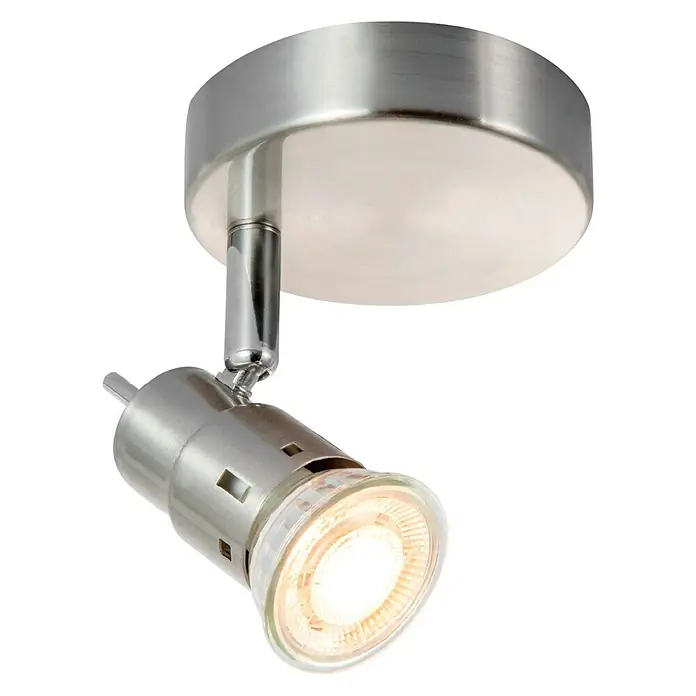 Home Sweet Home LED-Deckenstrahler rund Cilindro - 5,8 W, Ø x H: 9,5 x 13,7 cm, Silber, Warmweiß - Nahaufnahme einer modernen LED-Deckenleuchte aus Metall, die helles, warmes Licht in einem Raum erzeugt.