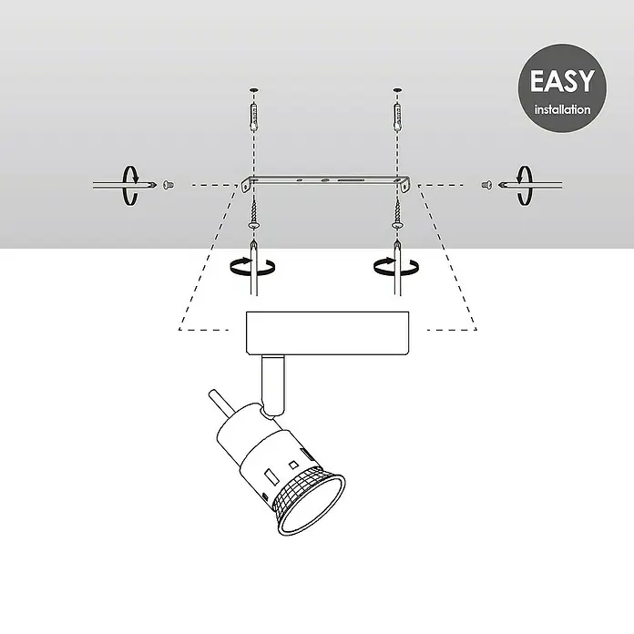 Home Sweet Home LED-Deckenstrahler rund Cilindro - 5,8 W, Ø x H: 9,5 x 13,7 cm, Silber, Warmweiß - Illustration einer Deckenleuchte mit einfacher Montageanleitung für den Heimgebrauch.