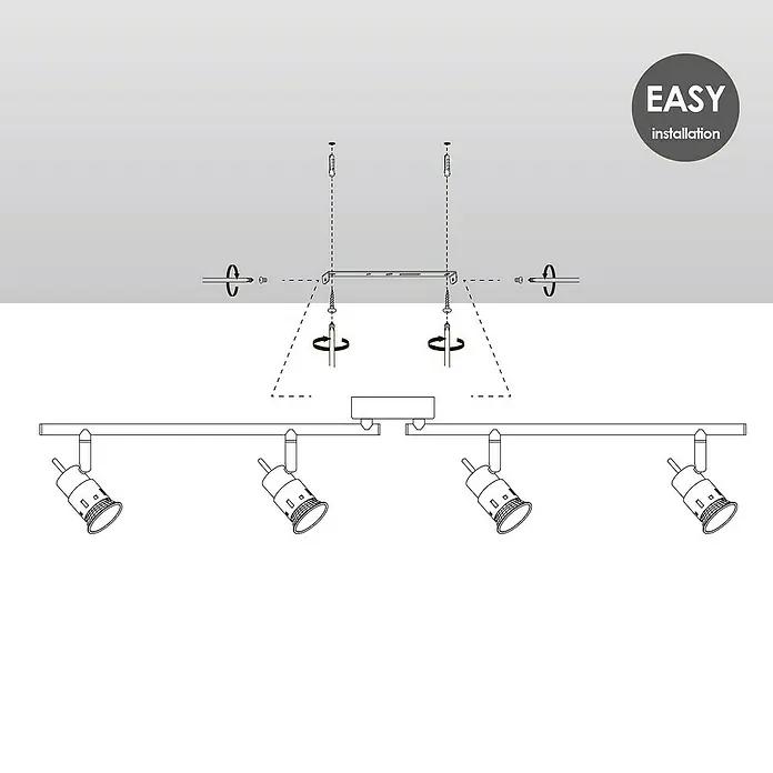 Home Sweet Home LED-Deckenstrahler Cilindro - 5,8 W, L x B x H: 9,5 x 81 x 16,2 cm, Silber, Warmweiß - Eine schematische Darstellung einer Deckenleuchte mit vier Strahlern und einer Anleitung zur einfachen Installation.