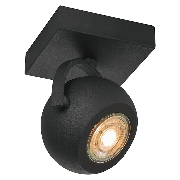 Home Sweet Home LED-Deckenstrahler Nop - 5,8 W, L x B x H: 9,5 x 9,5 x 14 cm, Sandschwarz, Warmweiß, 1 Stk. - Nahaufnahme einer schwarzen Deckenleuchte mit einem runden, verstellbaren Strahler und einer quadratischen Basis.