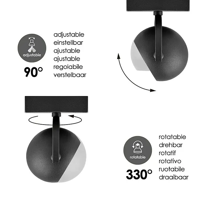 Home Sweet Home LED-Deckenstrahler Nop - 5,8 W, L x B x H: 9,5 x 9,5 x 14 cm, Sandschwarz, Warmweiß, 1 Stk. - Produktbild einer verstellbaren und drehbaren Leuchte mit den Angaben 90° und 330°.