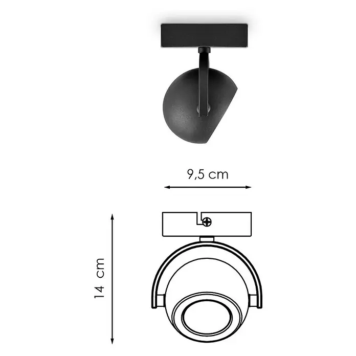 Home Sweet Home LED-Deckenstrahler Nop - 5,8 W, L x B x H: 9,5 x 9,5 x 14 cm, Sandschwarz, Warmweiß, 1 Stk. - Abbildung einer schwarzen Deckenleuchte mit Maßen. Die Leuchte hat ein verstellbares Design. 9,5cm breit und 14cm hoch.