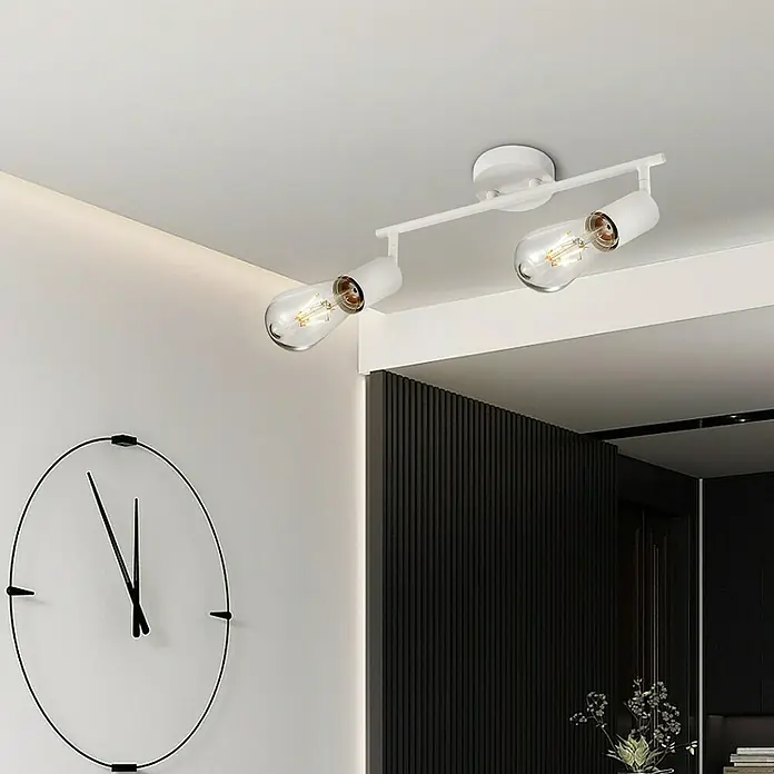 Home Sweet Home LED-Deckenleuchte Mello - 4 W, L x B x H: 11,3 x 33,5 x 16 cm, Weiß, Warmweiß, 2 Stk. - Deckenleuchte mit zwei Edison-Glühbirnen, die ein warmes Licht verbreiten, montiert an einer weißen Decke mit minimalistischem Design.