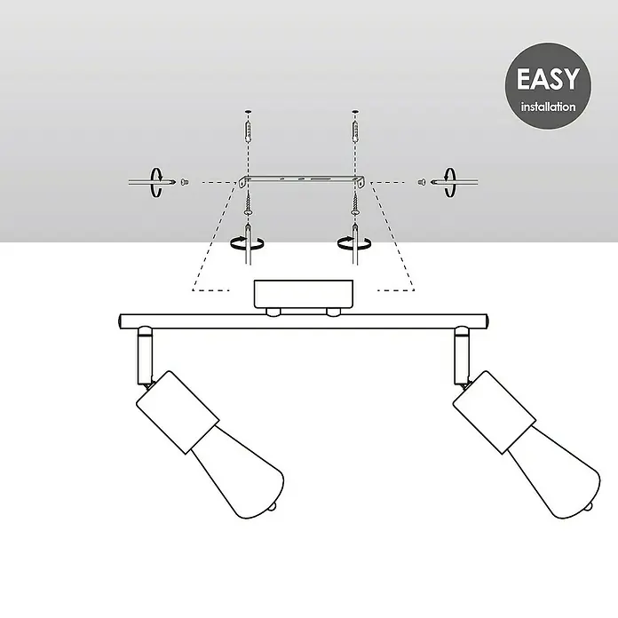 Home Sweet Home LED-Deckenleuchte Mello - 4 W, L x B x H: 11,3 x 33,5 x 16 cm, Weiß, Warmweiß, 2 Stk. - Abbildung einer Deckenleuchte mit zwei Strahlern und einer einfachen Montageanleitung.