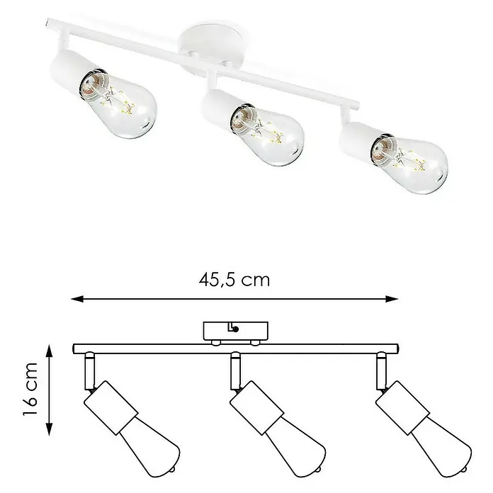 Home Sweet Home LED-Deckenleuchte Mello - 4 W, L x B x H: 11,3 x 45,5 x 16 cm, Weiß, Warmweiß, 3 Stk. - Produktbild einer weißen Deckenleuchte mit drei Strahlern und Maßangaben für Länge und Höhe.