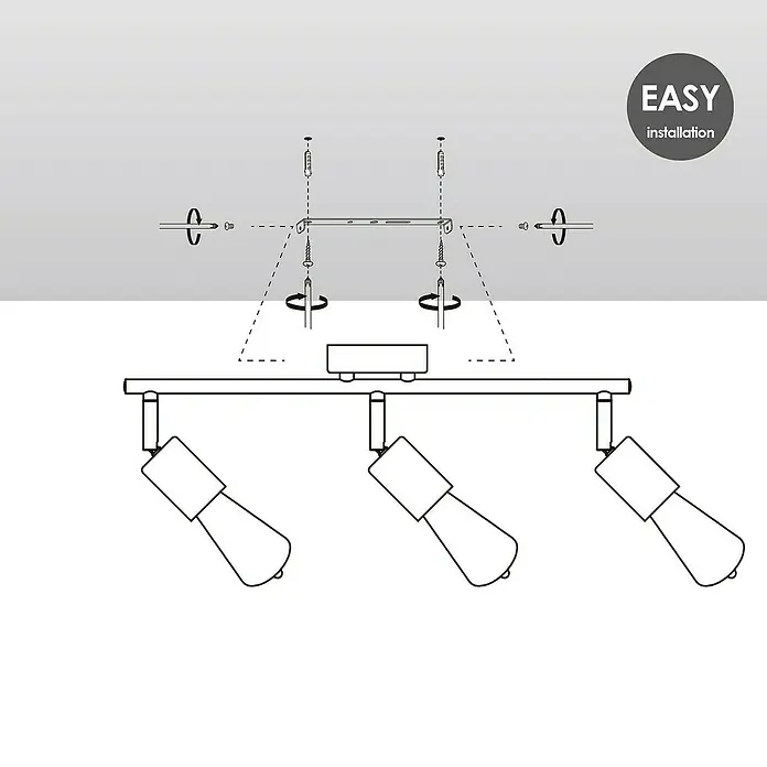 Home Sweet Home LED-Deckenleuchte Mello - 4 W, L x B x H: 11,3 x 45,5 x 16 cm, Schwarz, Warmweiß, 3 Stk. - Installationsanleitung für eine Deckenleuchte mit drei Strahlern, die eine einfache Montage verspricht.