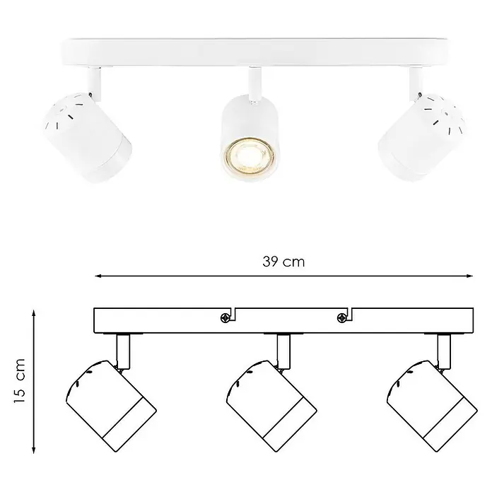 Home Sweet Home LED-Wandstrahler Manu - 5,8 W, L x B x H: 9,5 x 39 x 15 cm, Sandweiß, Warmweiß, 3 Stk. - Produktbild einer weißen 3-flammigen Deckenleuchte mit verstellbaren Strahlern und Maßangaben.