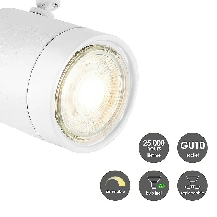 Home Sweet Home LED-Wandstrahler Manu - 5,8 W, L x B x H: 9,5 x 9,5 x 25 cm, Sandweiß, Warmweiß, 1 Stk. - Nahaufnahme einer weißen GU10-Deckenleuchte mit den Merkmalen Dimmbarkeit, Austauschbarkeit und einer Lebensdauer von 25.000 Stunden.