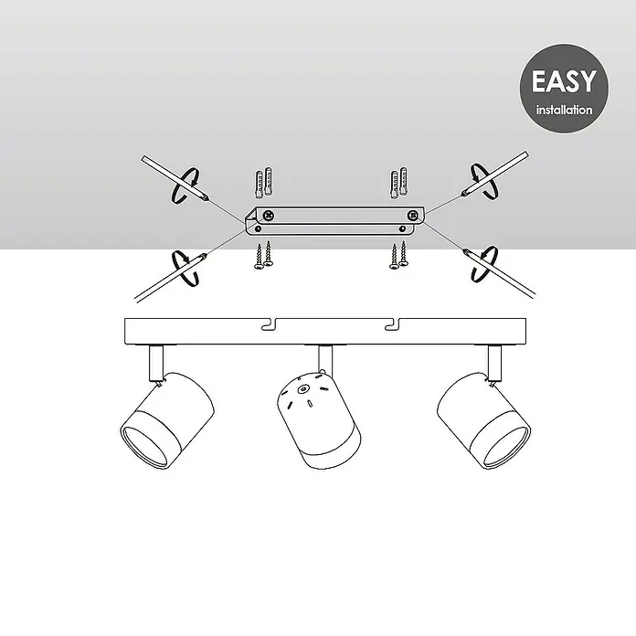 Home Sweet Home LED-Wandstrahler Manu - 5,8 W, L x B x H: 9,5 x 39 x 15 cm, Sandweiß, Warmweiß, 3 Stk. - Illustration einer Deckenleuchte mit drei Strahlern, die eine einfache Installation zeigt.