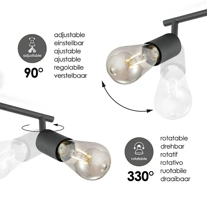 Home Sweet Home LED-Deckenleuchte Mello - 4 W, L x B x H: 11,3 x 45,5 x 16 cm, Schwarz, Warmweiß, 3 Stk. - Das Bild zeigt eine verstellbare und drehbare Deckenleuchte mit Glühbirnen im Detail, die Flexibilität und Anpassungsfähigkeit hervorhebt.