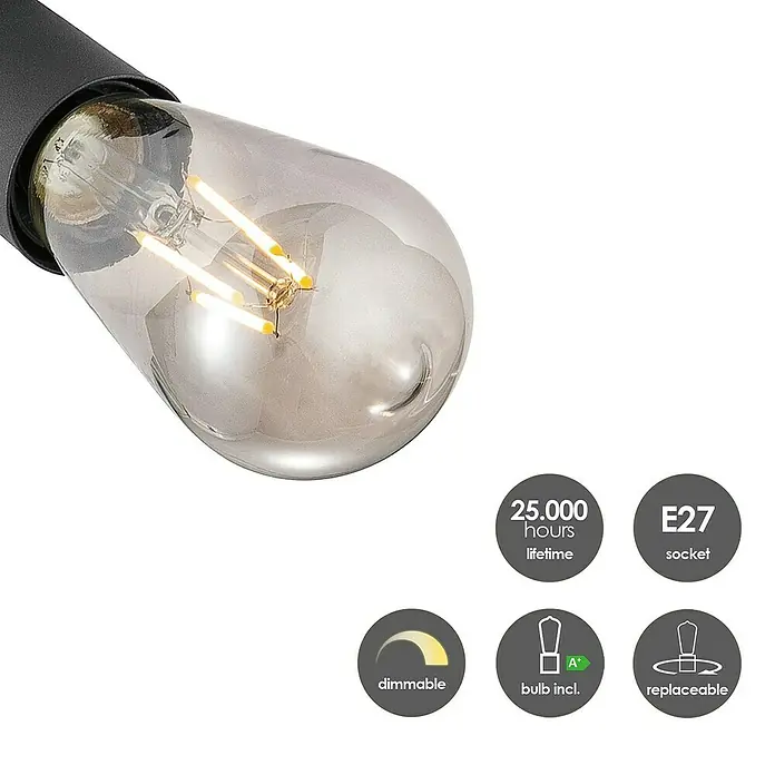 Home Sweet Home LED-Deckenleuchte Mello - 4 W, L x B x H: 11,3 x 45,5 x 16 cm, Schwarz, Warmweiß, 3 Stk. - Nahaufnahme einer dimmbaren E27-Glühbirne mit 25.000 Stunden Lebensdauer. Die Glühbirne ist austauschbar und im Lieferumfang enthalten.