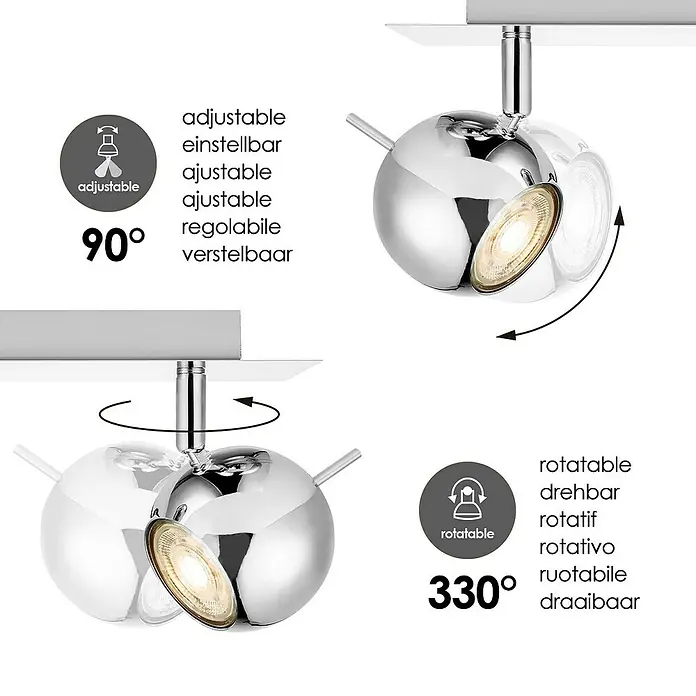 Home Sweet Home LED-Deckenstrahler Bollo - 5,8 W, L x B x H: 14 x 32 x 14 cm, Chrom, Warmweiß, 2 Stk. - Einstellbare Lampe: Die Lampe ist um 90° verstellbar und um 330° drehbar, wodurch eine flexible Beleuchtung möglich ist.