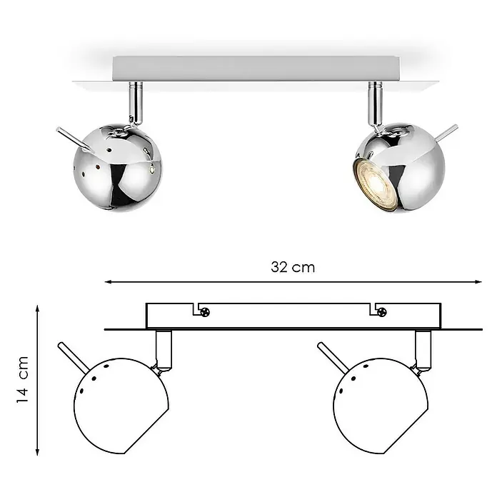 Home Sweet Home LED-Deckenstrahler Bollo - 5,8 W, L x B x H: 14 x 32 x 14 cm, Chrom, Warmweiß, 2 Stk. - Zwei-flammige Deckenleuchte mit kugelförmigen Strahlern aus Chrom und Maßangaben.