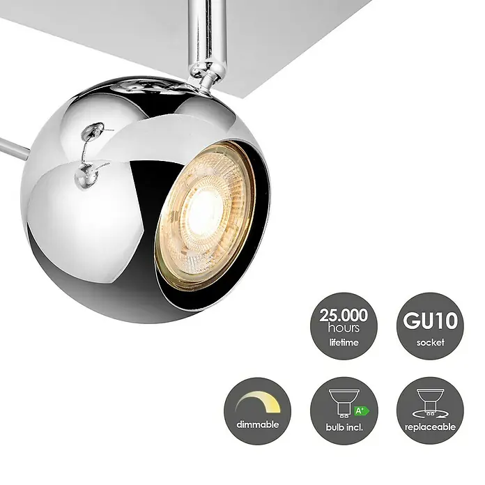 Home Sweet Home LED-Deckenstrahler Bollo - 5,8 W, L x B x H: 14 x 32 x 14 cm, Chrom, Warmweiß, 2 Stk. - Nahaufnahme einer verchromten Kugelspotleuchte mit LED-Leuchtmittel und technischen Daten zur Lebensdauer und Fassung.