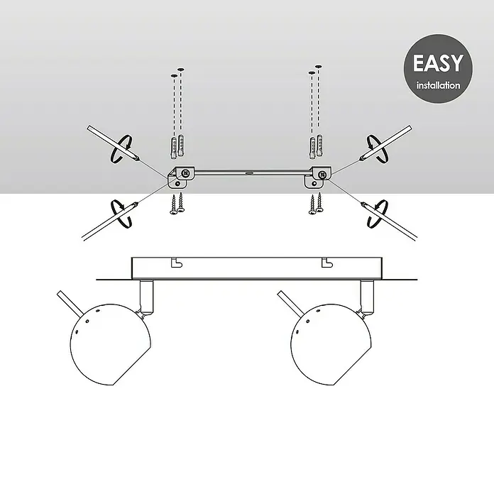 Home Sweet Home LED-Deckenstrahler Bollo - 5,8 W, L x B x H: 14 x 32 x 14 cm, Chrom, Warmweiß, 2 Stk. - Eine detaillierte Zeichnung einer Deckenleuchte, die die einfache Installation mit Schrauben und Dübeln veranschaulicht.