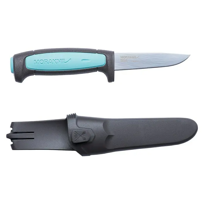 Morakniv Universalmesser Pro Flex - Klingenlänge: 88 mm, Klingenbreite: 20 mm - Das Moraknil Messer mit seiner Scheide. Das Messer hat einen türkisfarbenen Griff und eine silberne Klinge, während die Scheide dunkelgrau ist.