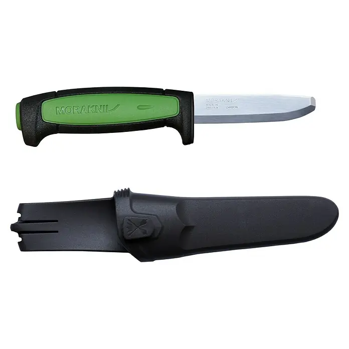 Morakniv Schnitzmesser Pro Safe - Klingenlänge: 82 mm - Nahaufnahme eines Moraknil-Messers mit grüner Griffschale und schwarzer Messerscheide, ideal für Outdoor-Aktivitäten und Bushcraft.