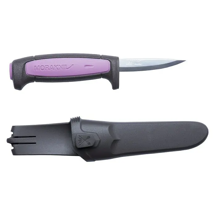 Morakniv Messer Pro Precision - Klingenlänge: 75 mm, Klingenstärke: 2 mm, Net Weight (SAP): 90 g - Moraknil Messer: Zu sehen sind ein Moraknil Messer mit lila-grauem Griff und die dazugehörige graue Messerscheide.