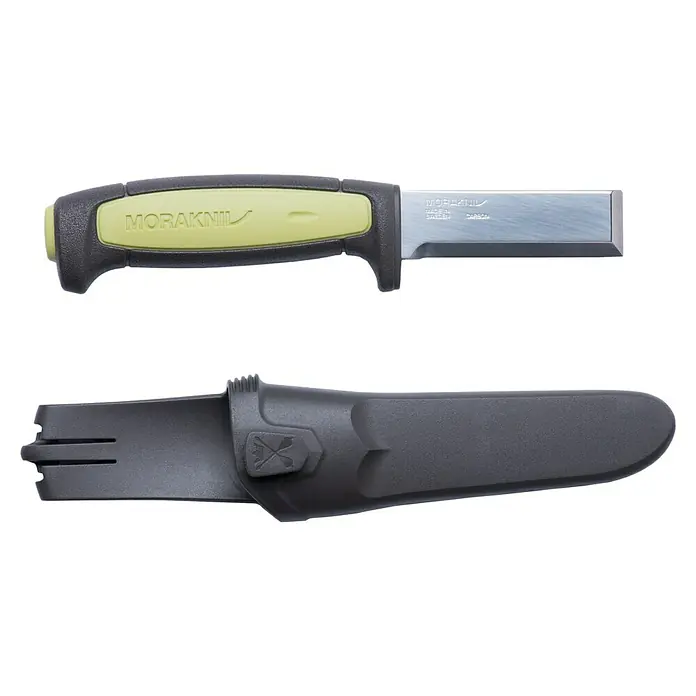 Morakniv Messer Pro Chisel - Klingenlänge: 75 mm, Klingenstärke: 3,1 mm - Bild eines Morakniv-Messers mit gelb-schwarzem Griff und einer grauen Scheide. Das Messer ist scharf und vielseitig einsetzbar.
