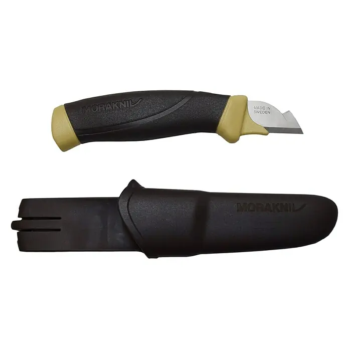 Morakniv Elektrikermesser - Klingenlänge: 21 mm, Klingenbreite: 18 mm - Nahaufnahme eines Moraknil-Messers mit feststehender Klinge und Scheide, ideal für Handwerker und Outdoor-Enthusiasten.