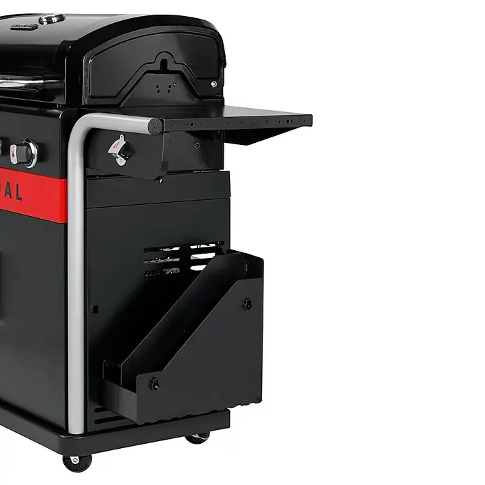 Char-Broil Aufbewahrungsbox - L x B x H: 38,1 x 13 x 38,8 cm, Kunststoff, Schwarz - Produktansicht des schwarzen Grills mit Ablagefläche und Flaschenöffner, ideal für Grillabende.
