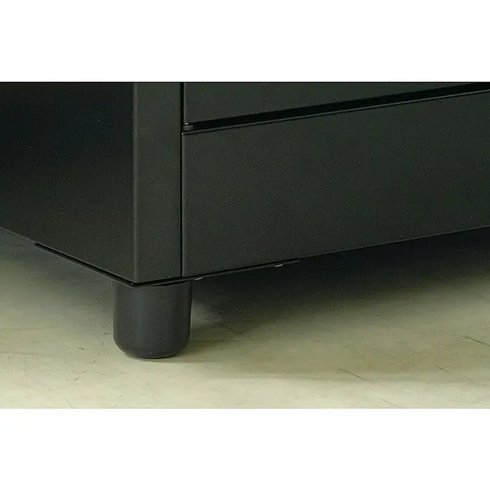 Metall-Mehrzweckschrank - L x B x H: 40 x 80 x 180 cm, Anzahl Türen: 2 Stk. - Detailaufnahme eines schwarzen Schranks mit Fokus auf dem runden Fuß und der schlichten Eleganz des Möbelstücks.