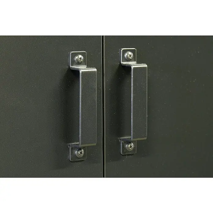Metall-Mehrzweckschrank - L x B x H: 40 x 80 x 190 cm, Anzahl Türen: 2 Stk. - Zwei silberne Schrankgriffe mit Schrauben befestigt an dunklen Schranktüren, hervorgehoben durch Detailaufnahme und präzise Verarbeitung.