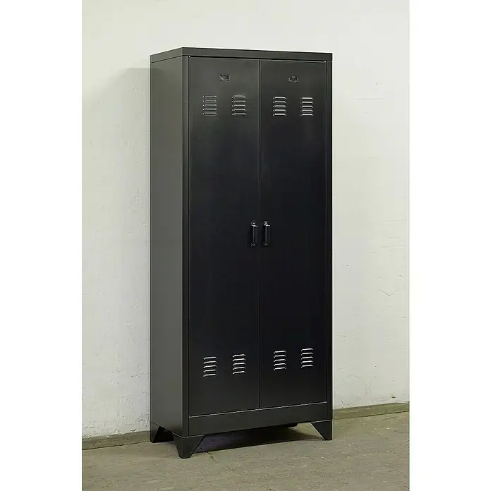 Metall-Mehrzweckschrank - L x B x H: 40 x 80 x 190 cm, Anzahl Türen: 2 Stk. - Hier ist ein stilvoller, schwarzer Metallschrank mit praktischen Griffen und Luftschlitzen für eine optimale Aufbewahrung.