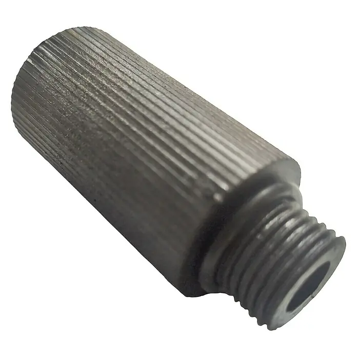 MPC Tapón de reemplazo - ⅜″, Específico para: Compresores - Primer plano de un adaptador metálico moleteado con rosca, utilizado para accesorios en diversas aplicaciones.